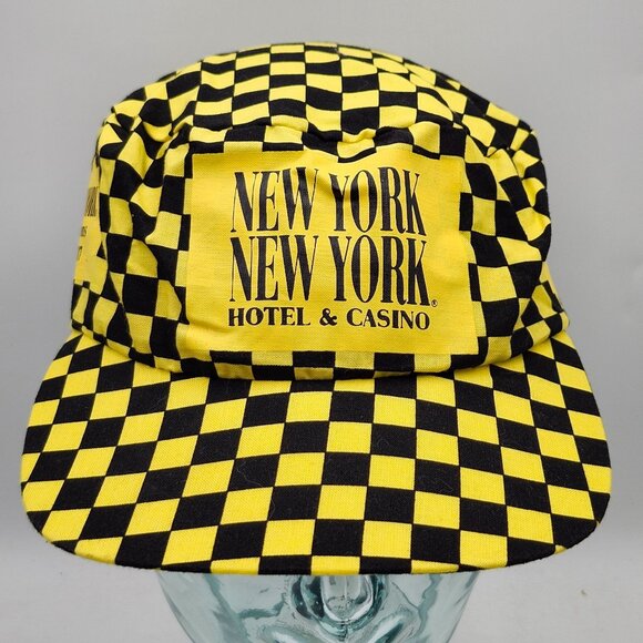 New York New York Hotel Casino Yellow Black Checkered Snapback Hat Vintage - Picture 2 of 10
